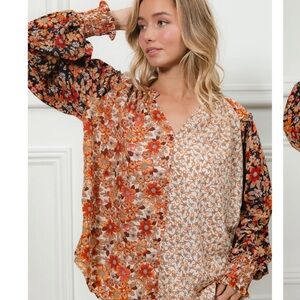 BiBi Floral Patchwork Blouse - Orange and Black